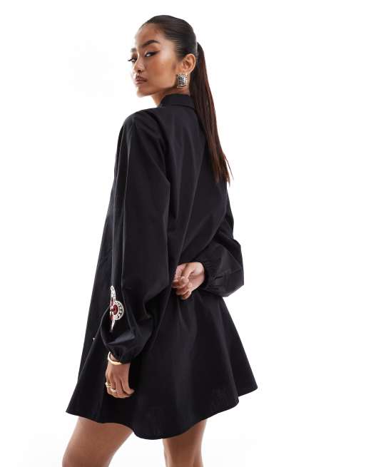 Never Fully Dressed embroidered mini shirt dress in black | ASOS