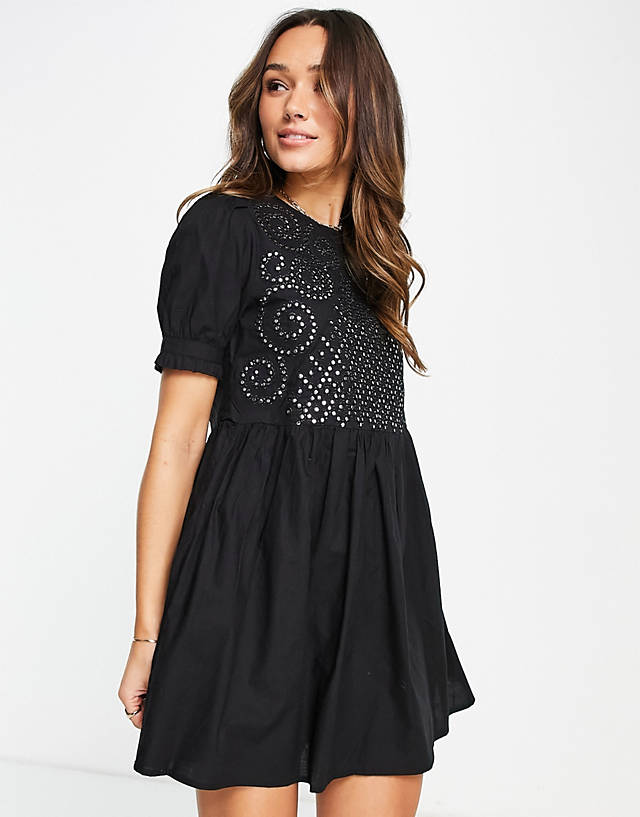 Never Fully Dressed - embroidered mirror mini smock dress in black