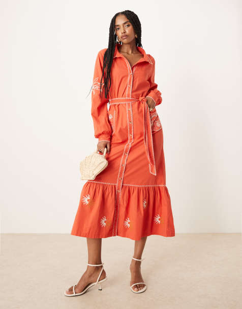 Never Fully Dressed embroidered shirt midaxi dress in red