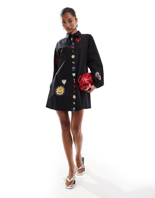 Never Fully Dressed embroidered shirt mini dress in black ASOS