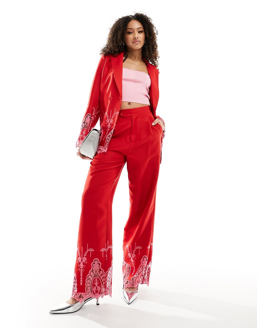 Never Fully Dressed embroidered trouser suit co-ord in red and pink