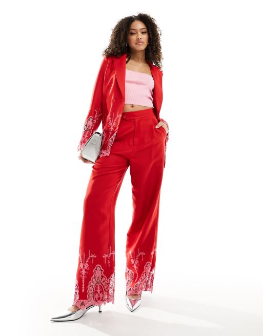 Never Fully Dressed embroidered blazer and trouser suit co ord in red and pink ASOS