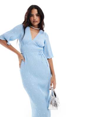 Never Fully Dressed Emma Metallic Plisse Midaxi Dress In Blue