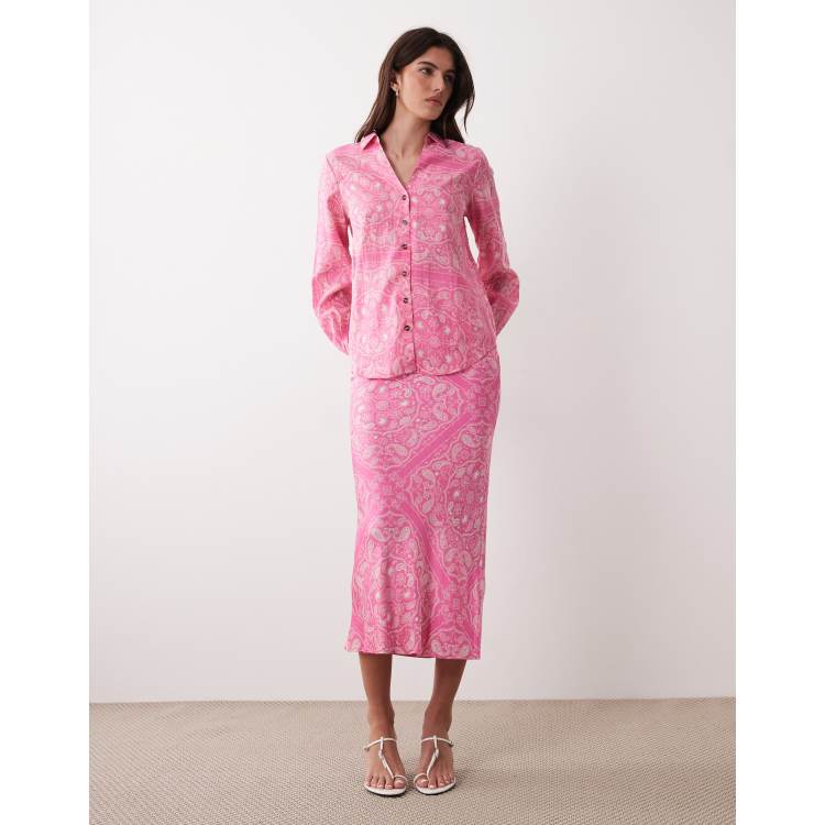 Ensemble Chemise Rose Et Jupe Longue Jean Girbaud - Taille 36, Occasion Très Bon état