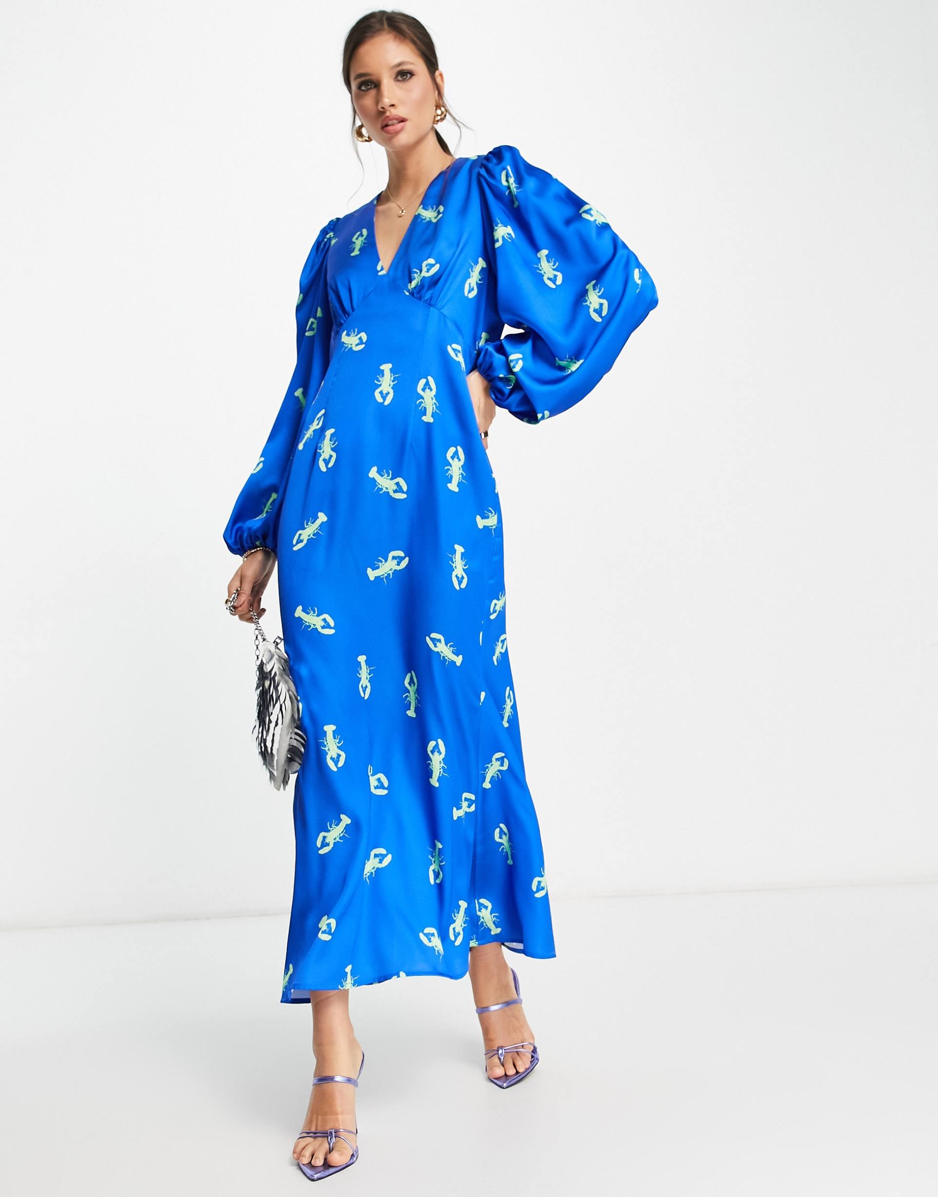 never fully dressed exclusive balloon sleeve lobster midaxi dress in cobalt