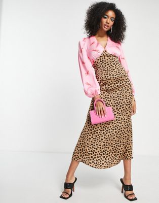 Never Fully Dressed Exclusive Contrast Maxi Dress In Lobster And Leopard Print-multi