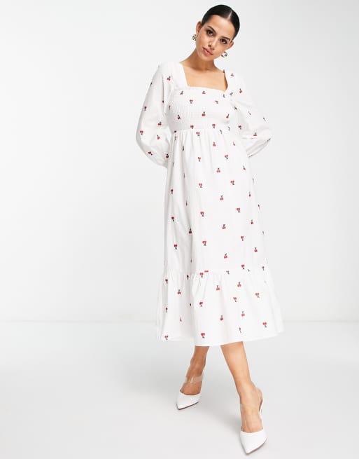 Never Fully Dressed exclusive shirred smock midi dress in white cherry