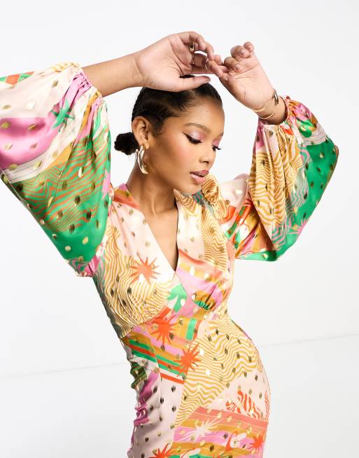 Never Fully Dressed - Exclusivité - Robe longue à manches ballon et imprimé multicolore