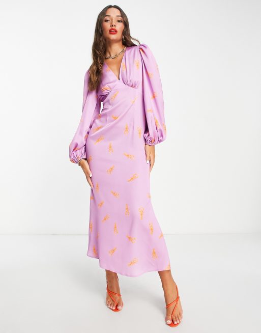 Never Fully Dressed – Exklusives Maxikleid mit Ballonärmeln und Hummer-Print in Orange, 3 von 4