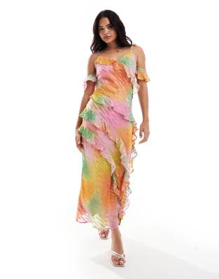 Faro ruffle maxi dress in ombre tie dye-Multi