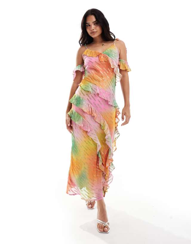 Never Fully Dressed Faro ruffle maxi dress in ombre tie dye | ASOS