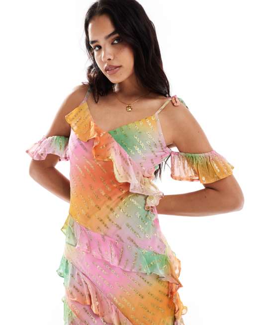 Never Fully Dressed Faro ruffle maxi dress in ombre tie dye | ASOS