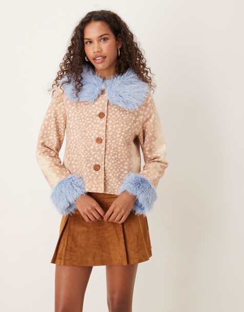 Never Fully Dressed faux fur deer print jacket in blue and gold - view 1