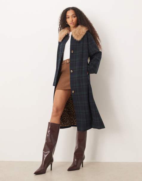 Never Fully Dressed faux fur longline coat in blue and green check - view 1