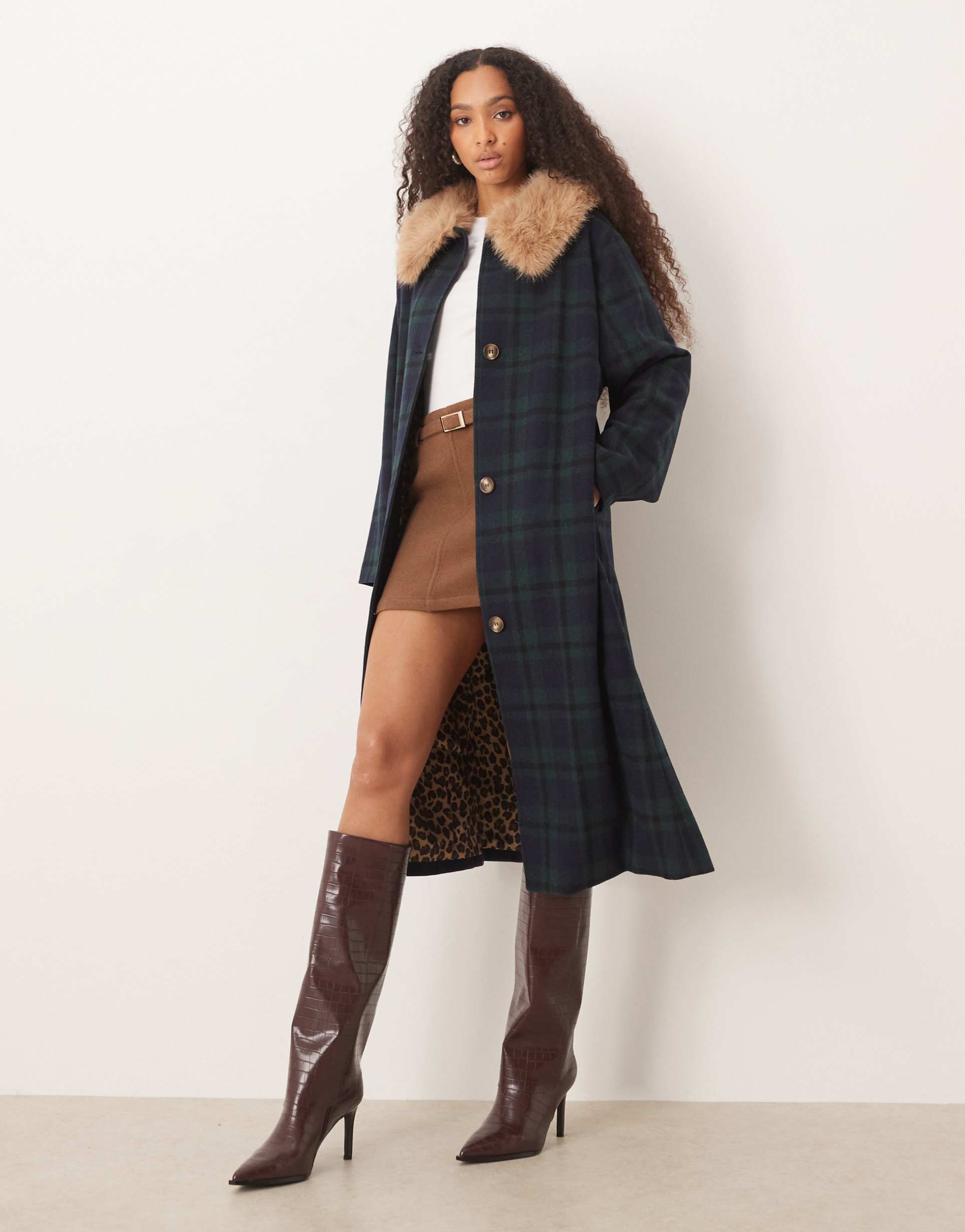 never fully dressed faux fur longline coat in blue and green plaid