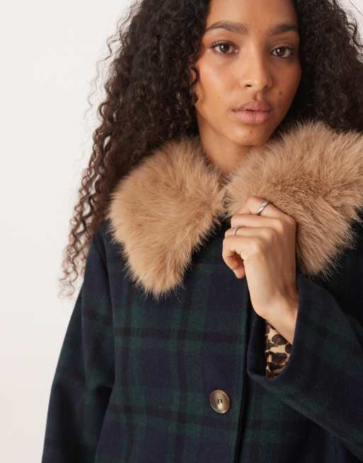 Never Fully Dressed faux fur longline coat in blue and green plaid