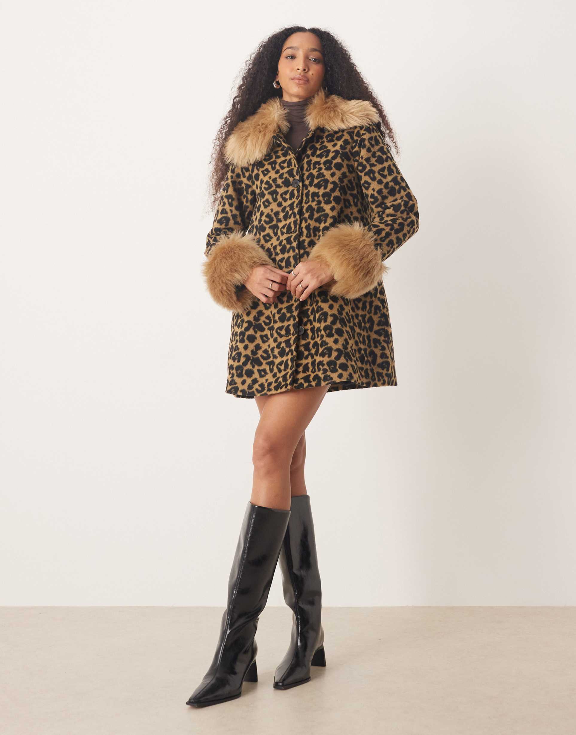 never fully dressed faux fur trim coat in leopard