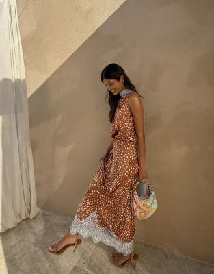 Never Fully Dressed Fawn satin lace trim hem maxi skirt in brown deer print - pa