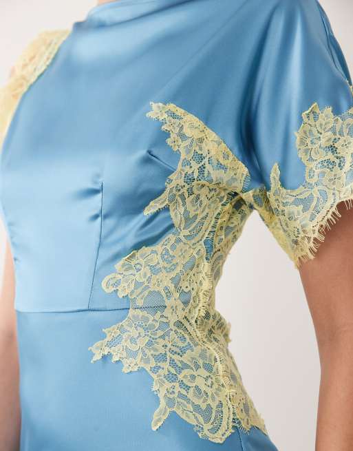Never Fully Dressed – Fearne – Niebiesko-cytrynowa satynowa sukienka midi z koronką, 3 z 4