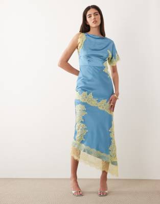 Never Fully Dressed Fearne Satin Lace Detail Midi Dress In Blue