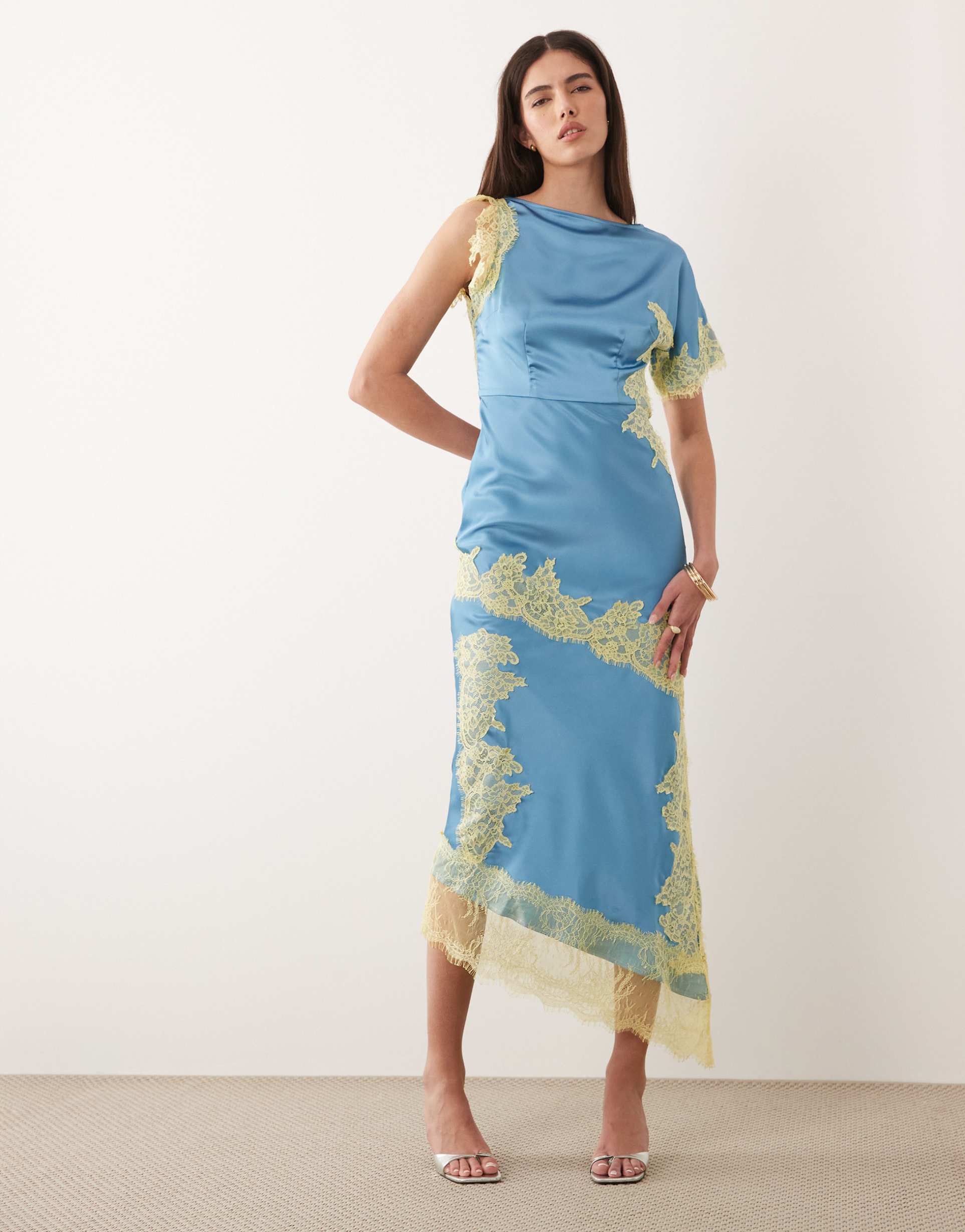 never fully dressed fearne satin lace detail midi dress in blue and lemon