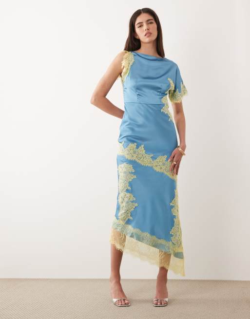 Never Fully Dressed - Fearne - Vestito midi in raso blu e limone con dettagli in pizzo
