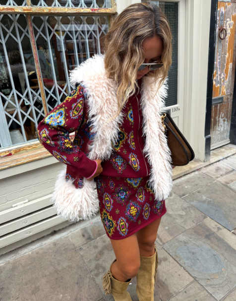 Never Fully Dressed fine knit high rise mini skirt co-ord in burgundy print - view 1