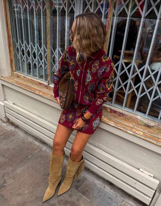Never Fully Dressed fine knit polo collar zip down jacket co-ord in burgundy print, 4 of 4