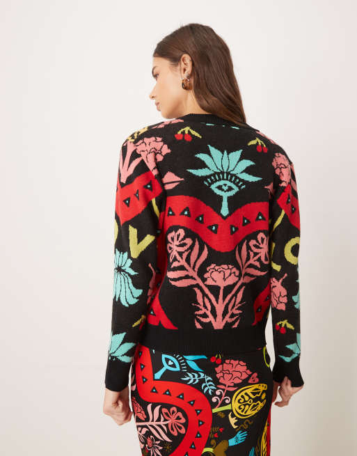 Never Fully Dressed fitted cardigan co-ord in bright abstract print, 3 of 4