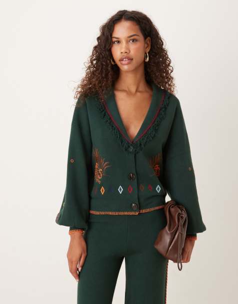 Never Fully Dressed - Flaskegrøn cardigan i strik med safari-broderi - Del af sæt - view 1