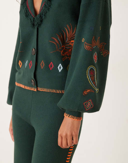 Never Fully Dressed - Flaskegrøn cardigan i strik med safari-broderi - Del af sæt, 4 af 4
