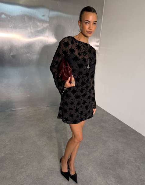 Never Fully Dressed flocked mesh boat neck bell sleeve mini dress in black - view 1
