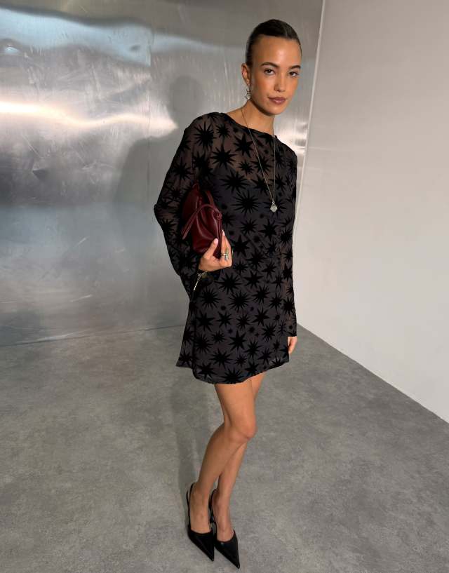 Never Fully Dressed flocked mesh boat neck bell sleeve mini dress in black