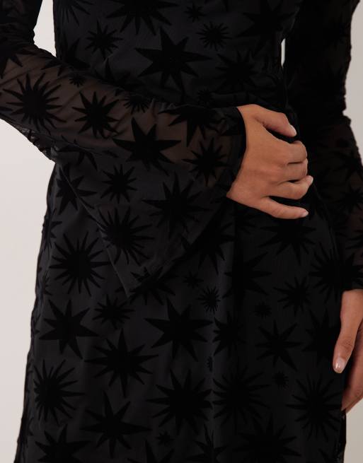 Never Fully Dressed flocked mesh boat neck bell sleeve mini dress in black, 3 of 4
