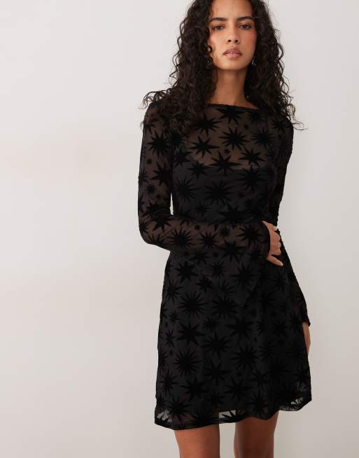 Never Fully Dressed flocked mesh boat neck bell sleeve mini dress in black, 4 of 4