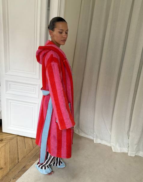 Never Fully Dressed fluffy hooded belt detail pocket dressing gown in pink red stripe - view 1