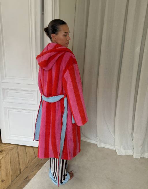 Never Fully Dressed fluffy hooded belt detail pocket dressing gown in pink red stripe, 4 of 4