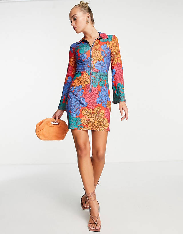 Never Fully Dressed - fluted sleeve zip mini dress in bold abstract floral