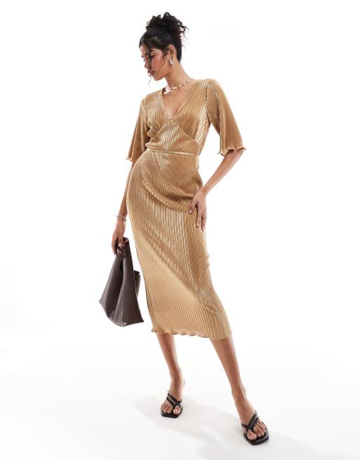 Never Fully Dressed flutter sleeve plisse midaxi dress in gold