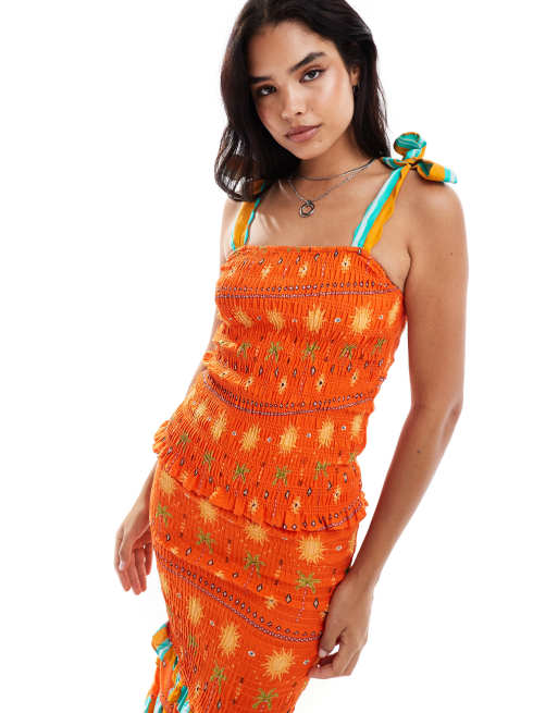 Never Fully Dressed Francesca bow shoulder shirred top in orange (part of a set)