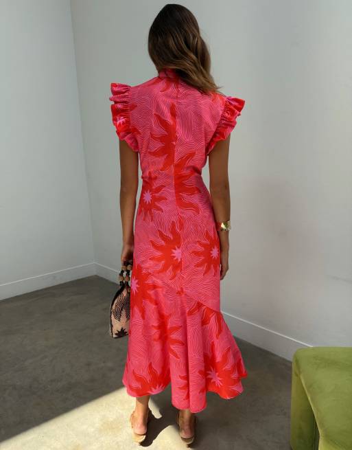 Never Fully Dressed Frida high neck frill sleeve midi dress in pink and red soleil print, 2 of 4