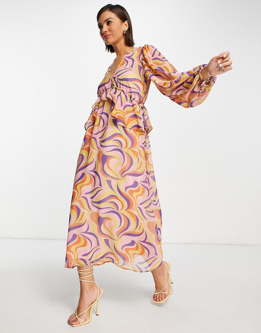 Never Fully Dressed frill midi dress in retro swirl print-Purple