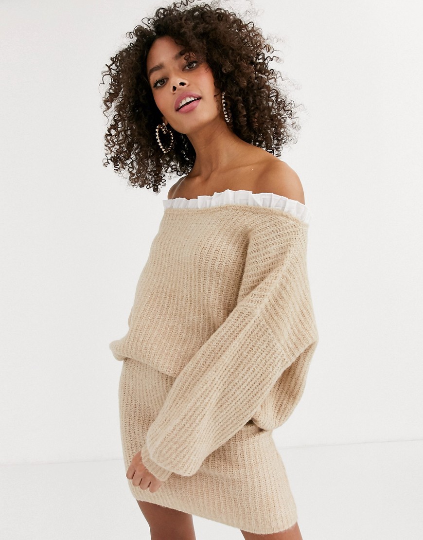 Never Fully Dressed frill neck knitted jumper in beige-Multi