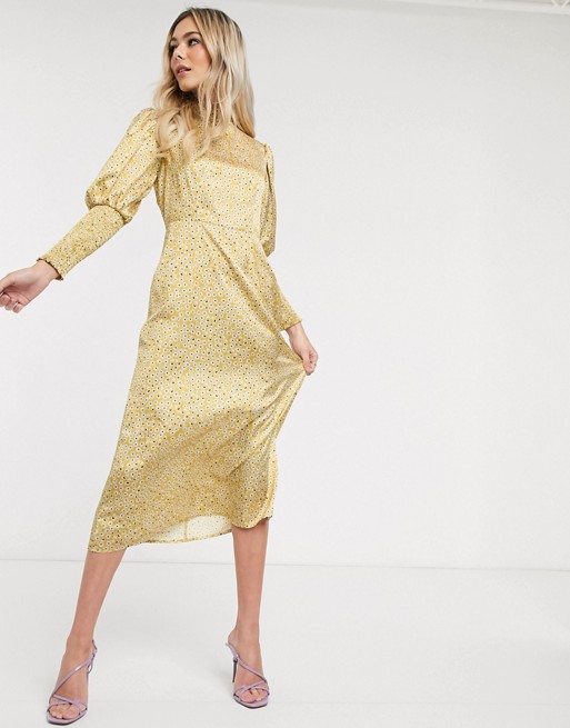 Never Fully Dressed frill neck midaxi dress in yellow ditsy print