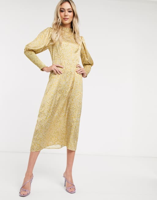 Never Fully Dressed frill neck midaxi dress in yellow ditsy print