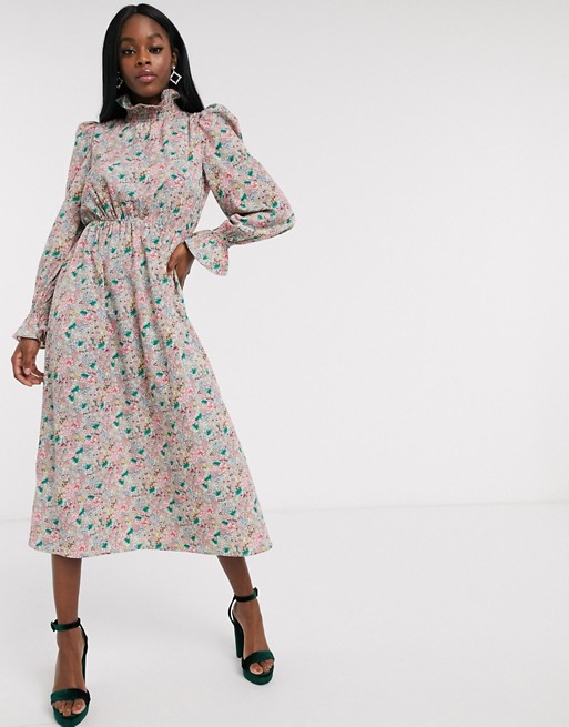 Never Fully Dressed frill neck midaxi dress with puff sleeve detail in pink floral print