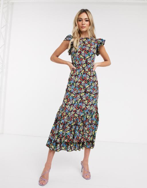 Round neck ruffled shop hem printed maxi dress