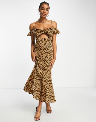 Never Fully Dressed frill sleeve cut-out maxi dress in leopard-Brown