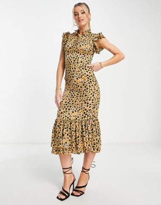 Never Fully Dressed frill sleeve ruffle midaxi dress in leopard confetti