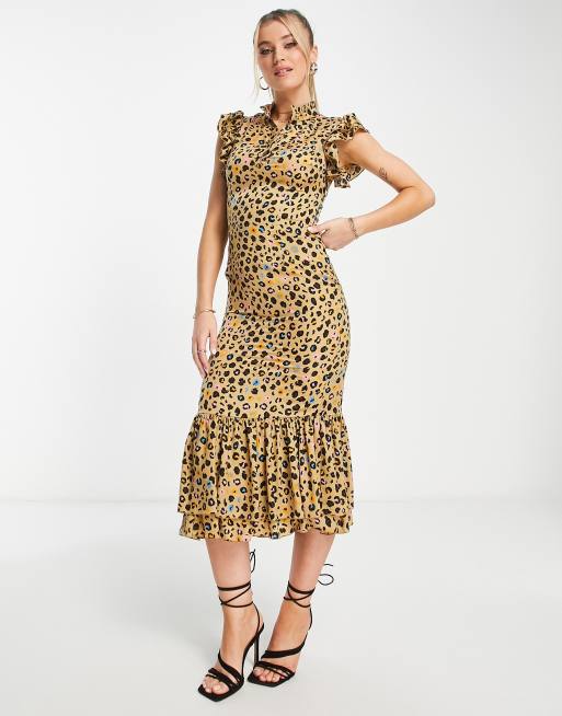 Never Fully Dressed frill sleeve ruffle midaxi dress in leopard confetti